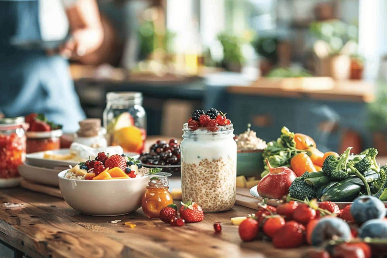 Aliments bénéfiques pour un microbiote sain  
Repas colorés favorisant la santé intestinale