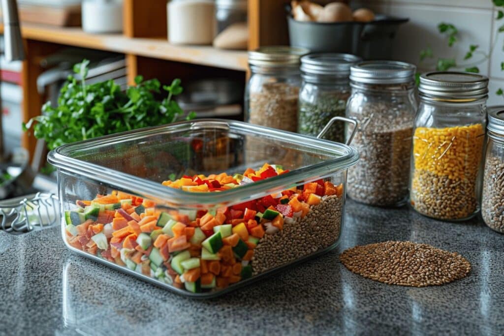 Repas préparés en avance sur une table colorée