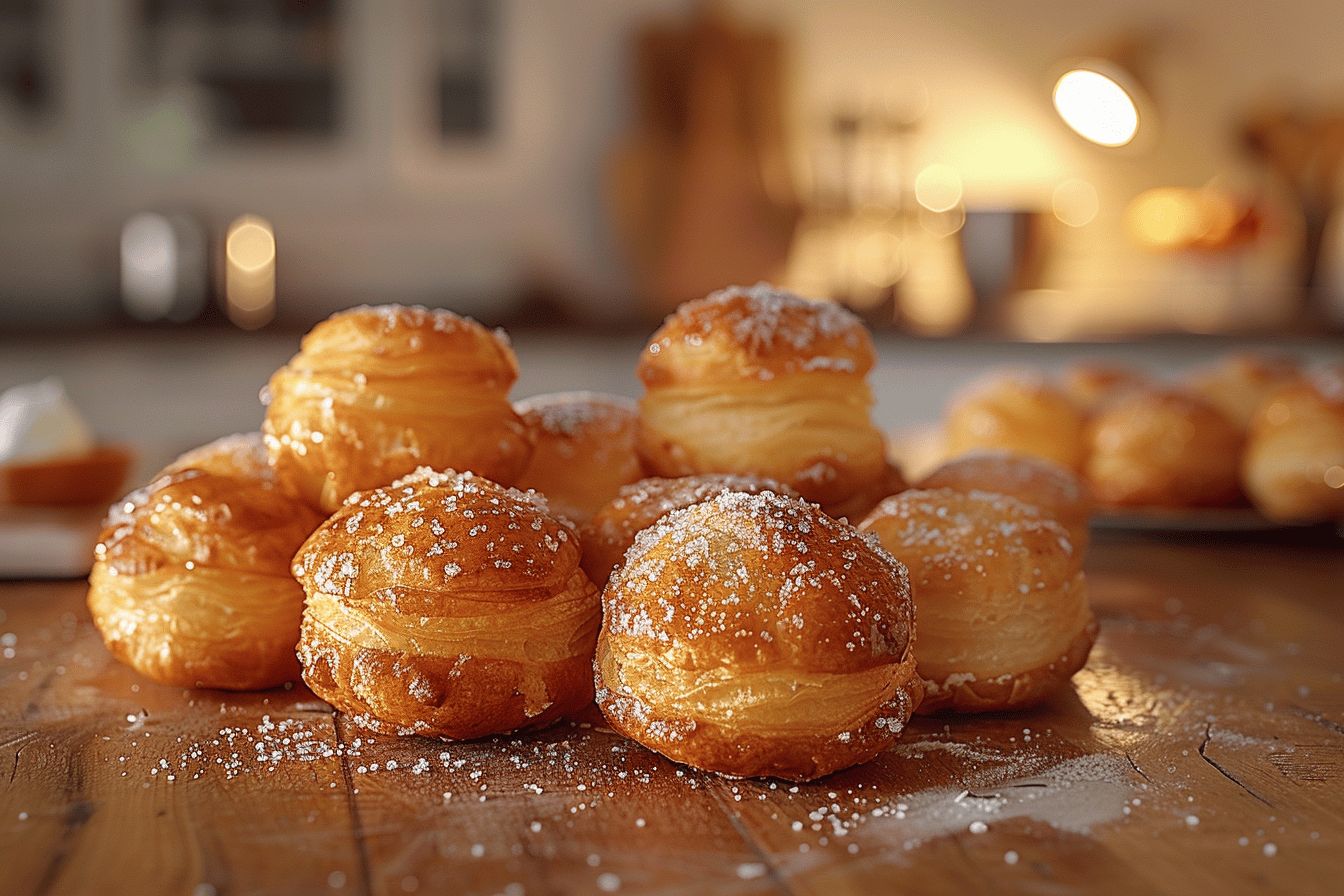 Choux et chouquettes dorées sur une table en bois  
Pâtisseries légères garnies de sucre glace sur assiette