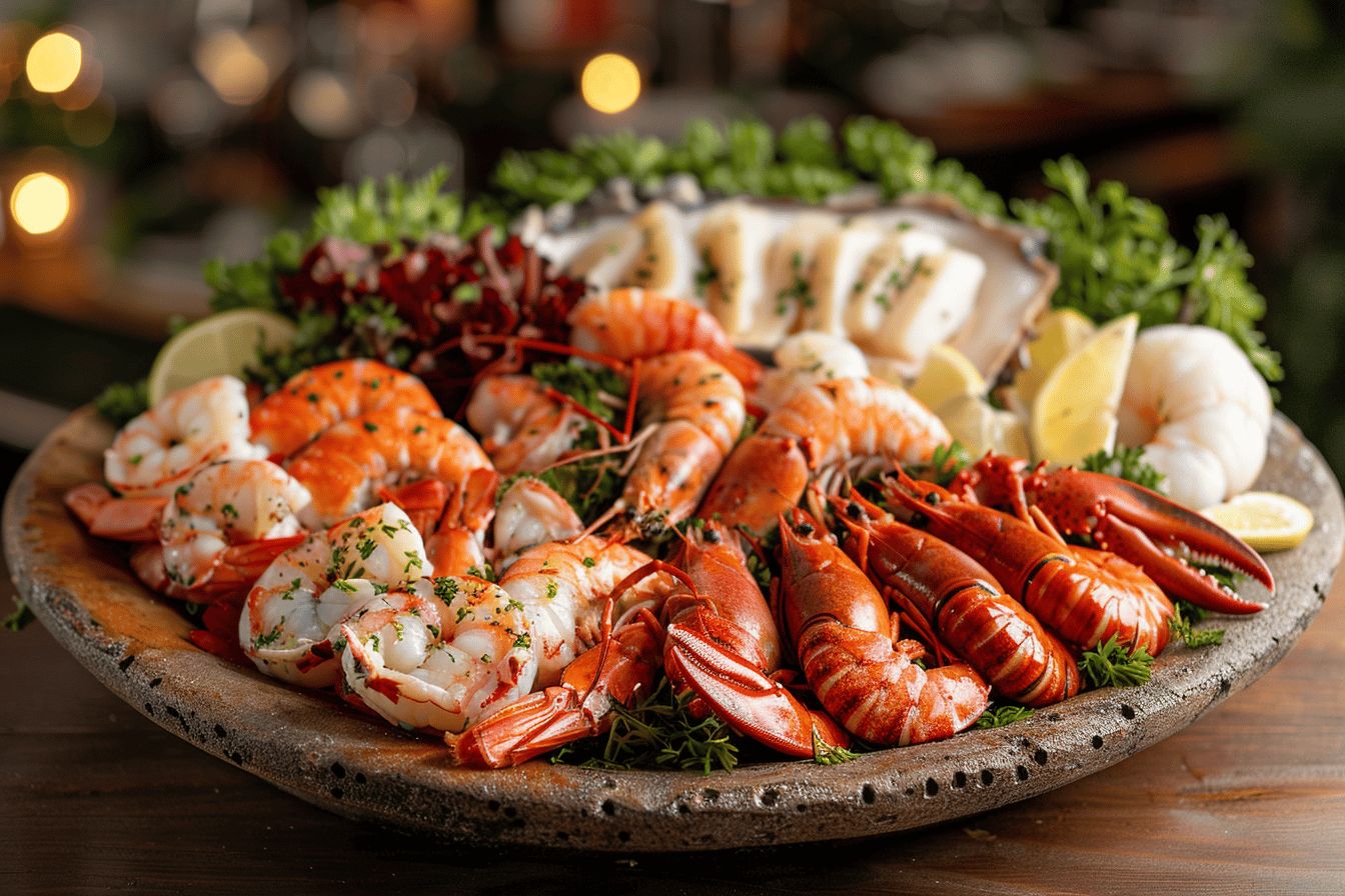 Crustacés et coquillages festifs sur une table  
Sélection de fruits de mer pour célébrations gourmandes