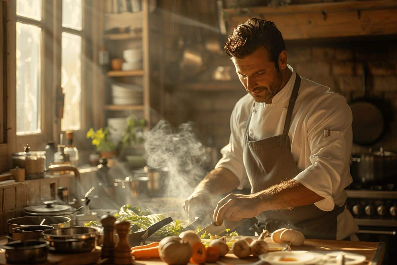 Cuisinier préparant un plat savoureux en cuisine  
Chef au travail créant une délicieuse recette moderne