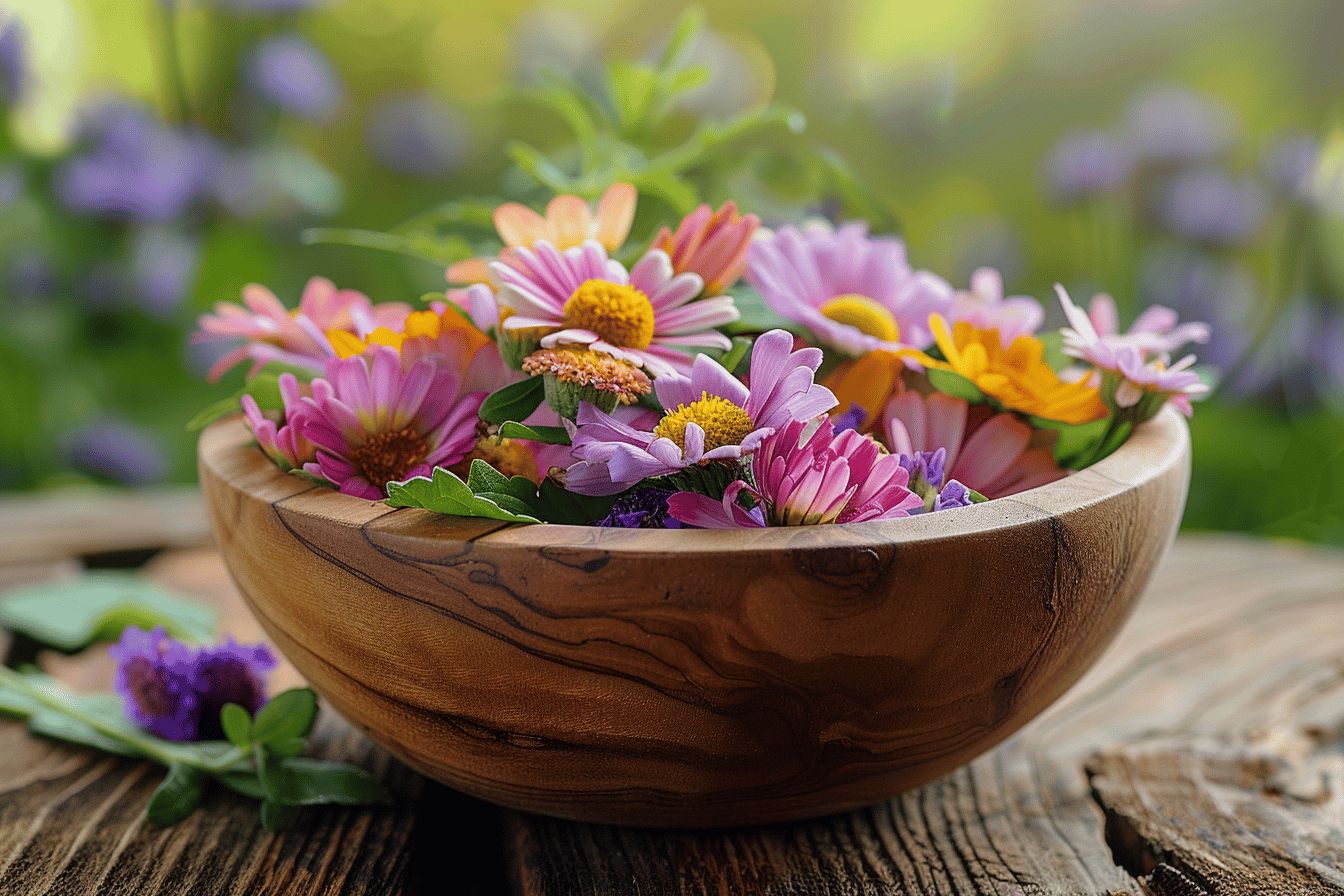 Fleurs colorées prêtes à être utilisées en cuisine  
Variété de fleurs comestibles sur un fond naturel