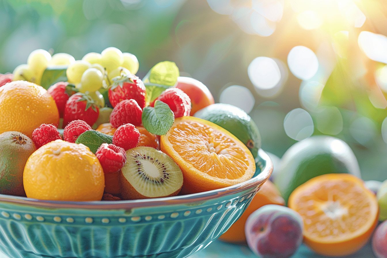 Sucre en dés sur fond de fruits frais colorés