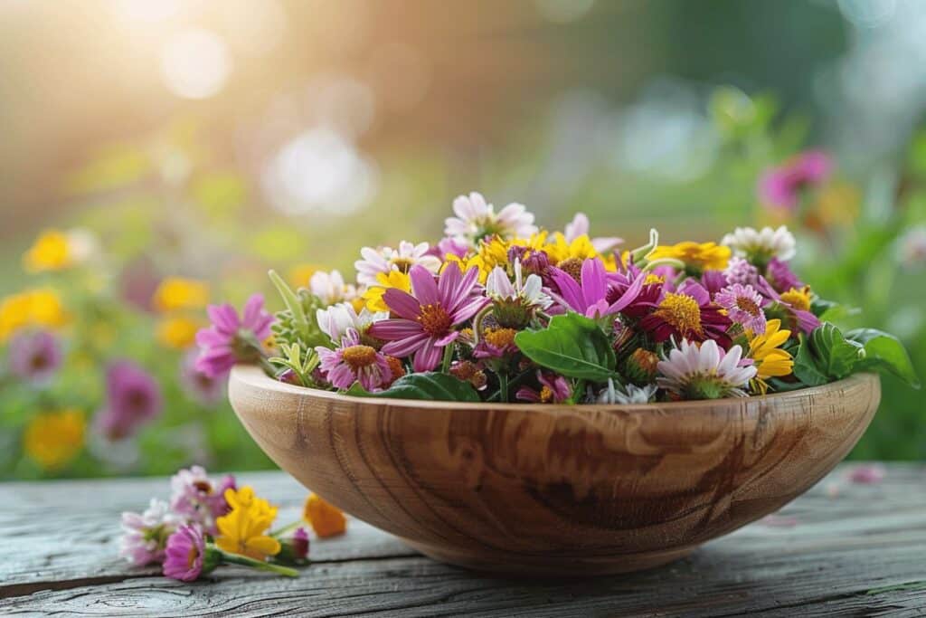 Fleurs colorées prêtes à être utilisées en cuisine