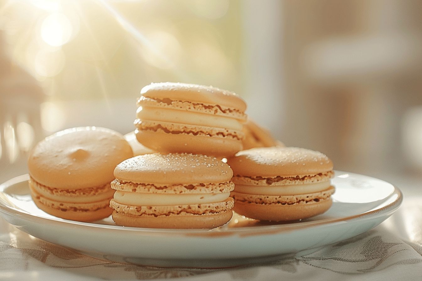 Macarons de différentes tailles alignés sur une table  
Macarons colorés déclinés du plus petit au plus grand