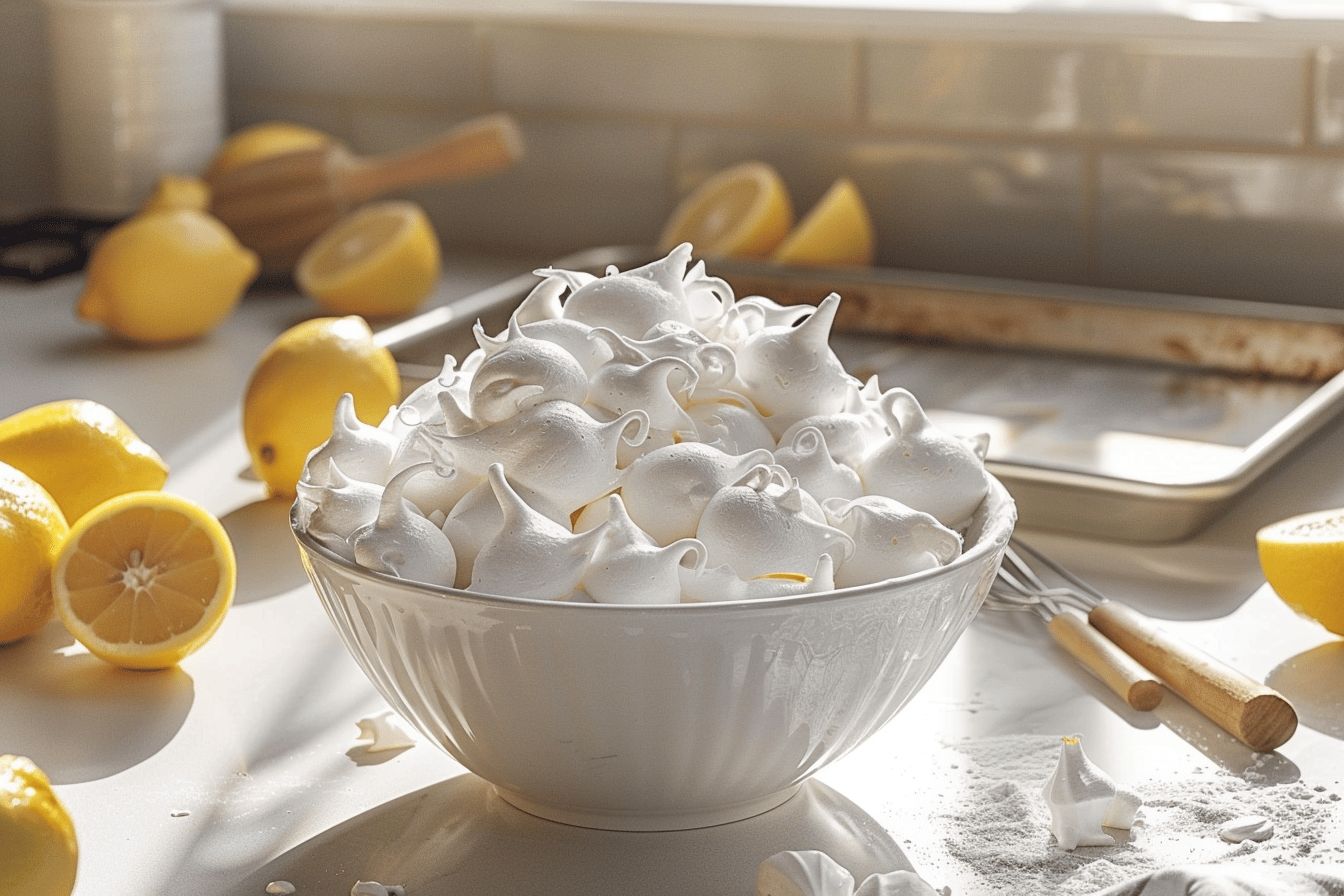 Meringues légères et dorées sur une assiette  
Préparation de meringues croustillantes et savoureuses