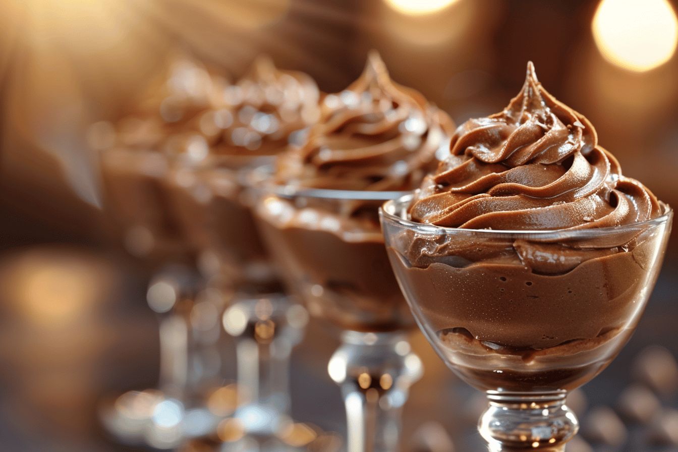 Mousse légère au chocolat garnie de copeaux  
Dessert crémeux au chocolat servi dans un verre