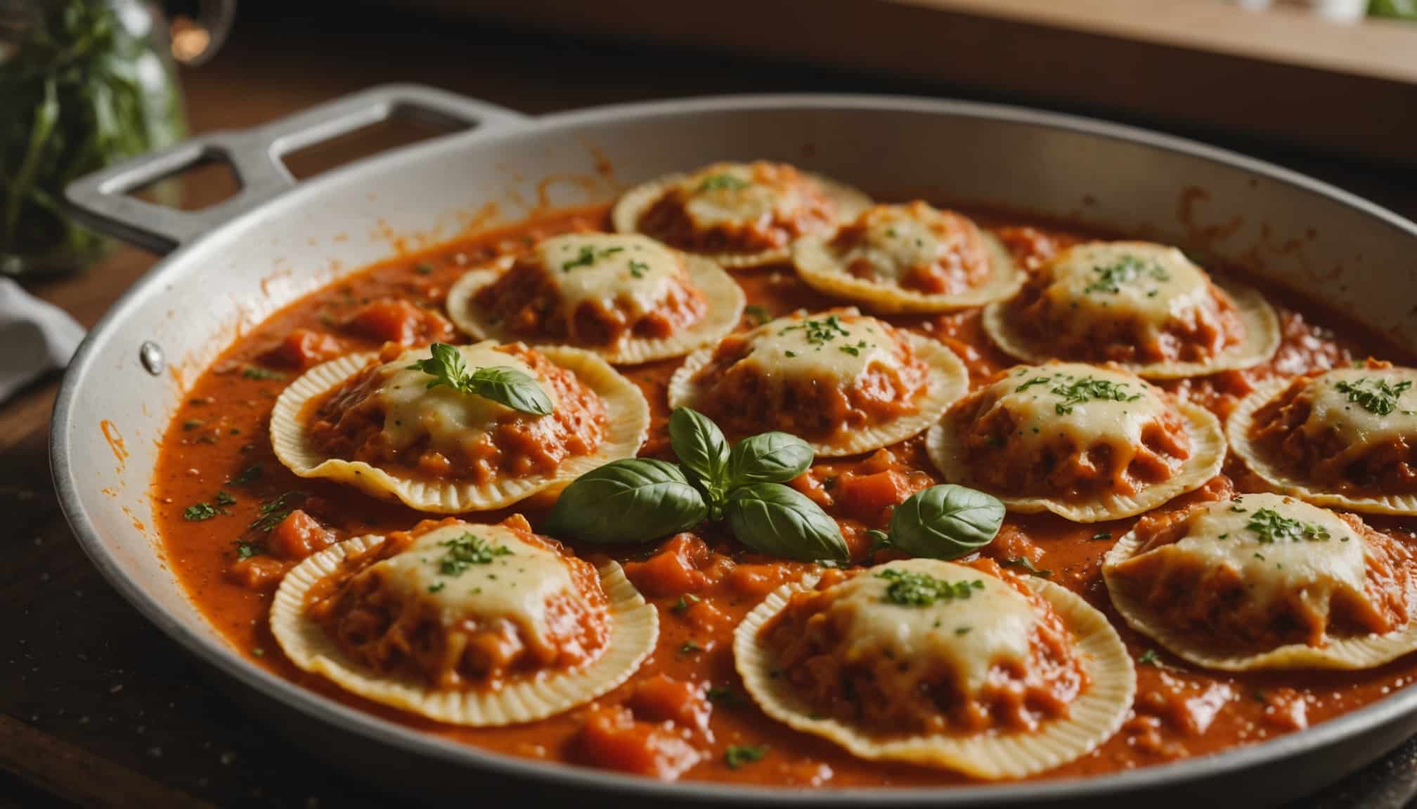 Ravioles et pâtes fraîches servies dans une assiette  
Délicieuses ravioles maison accompagnées de sauces