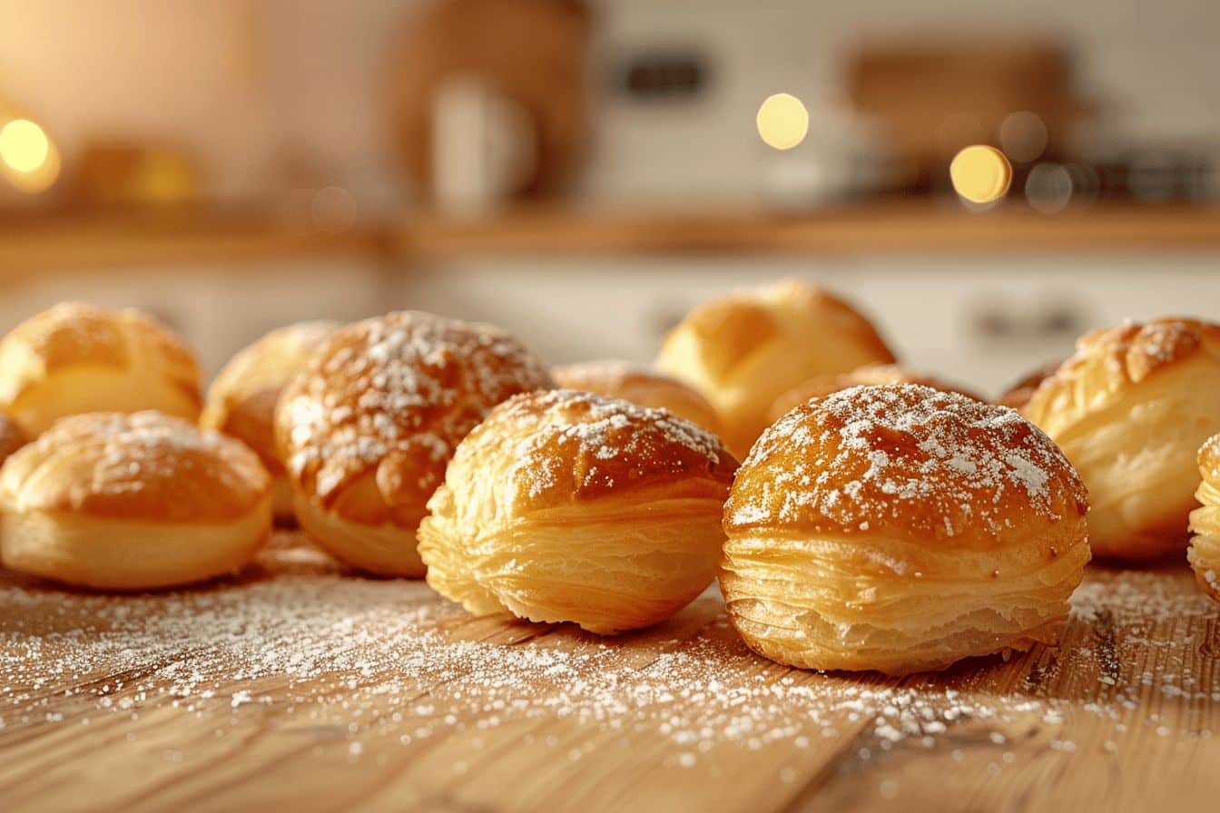 Choux et chouquettes dorées sur une table en bois