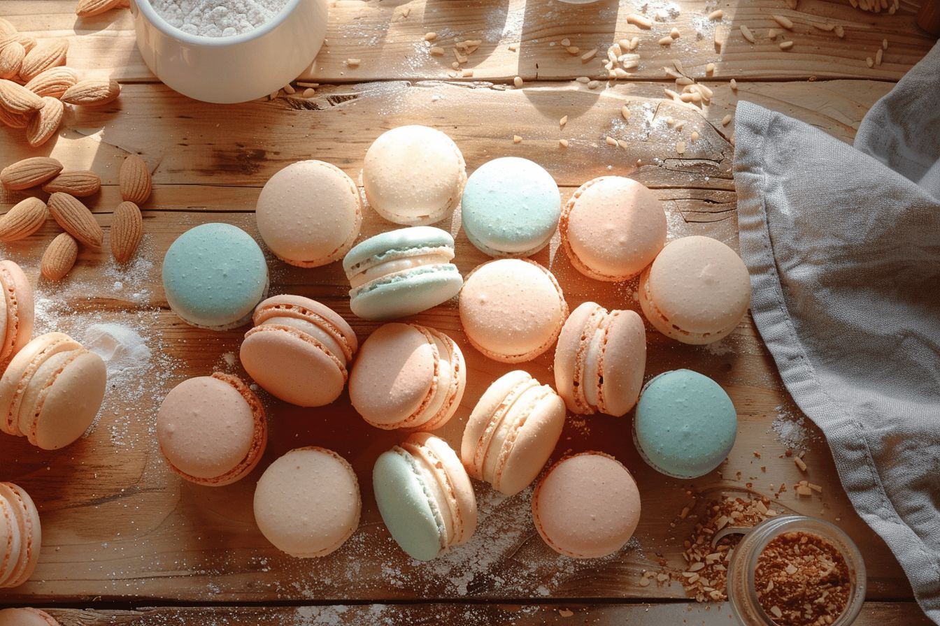 Macarons colorés sur une table avec des conseils