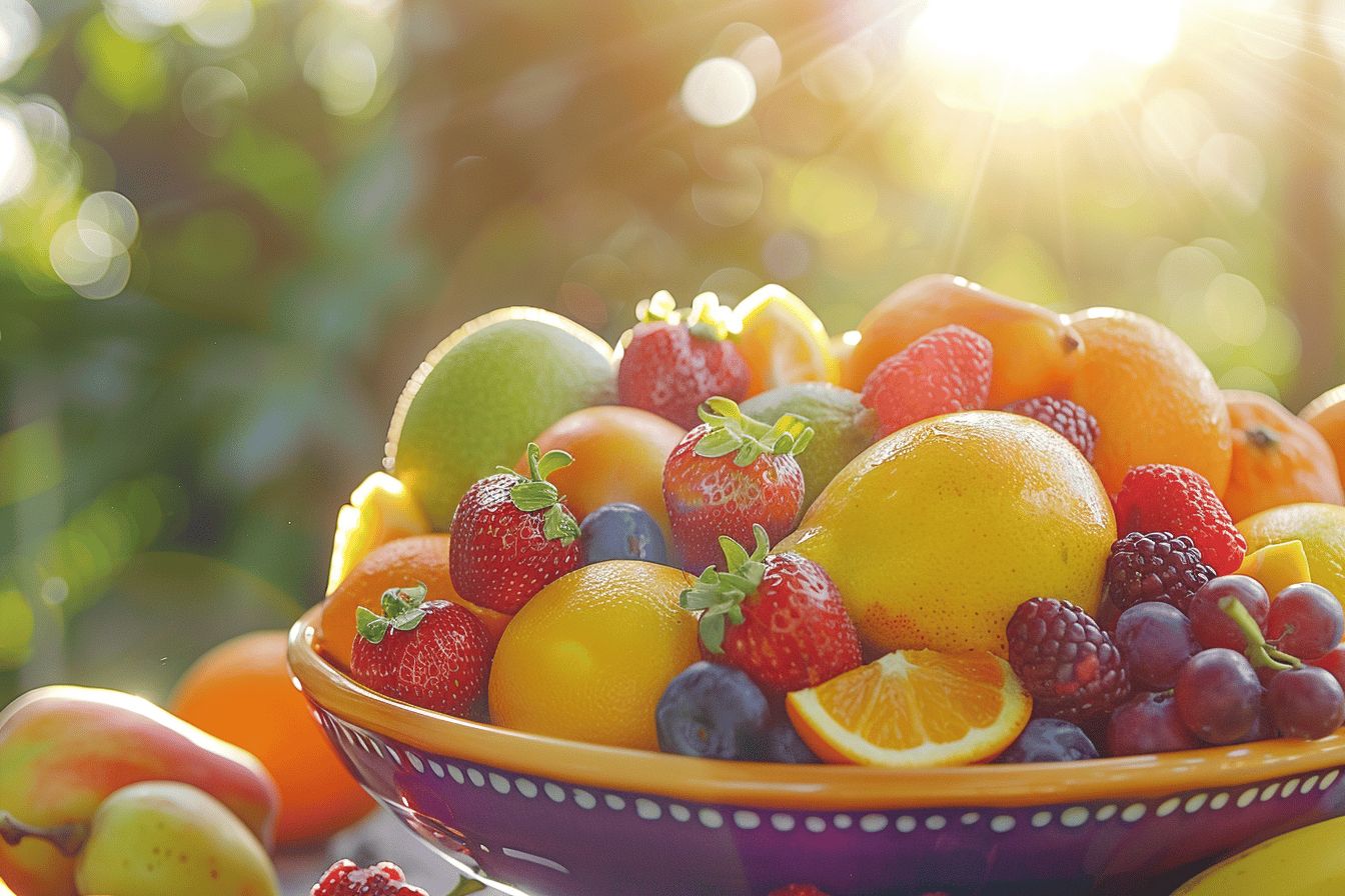 Sucre en dés sur fond de fruits frais colorés  
Dessert allégé avec fruits et garnitures naturelles